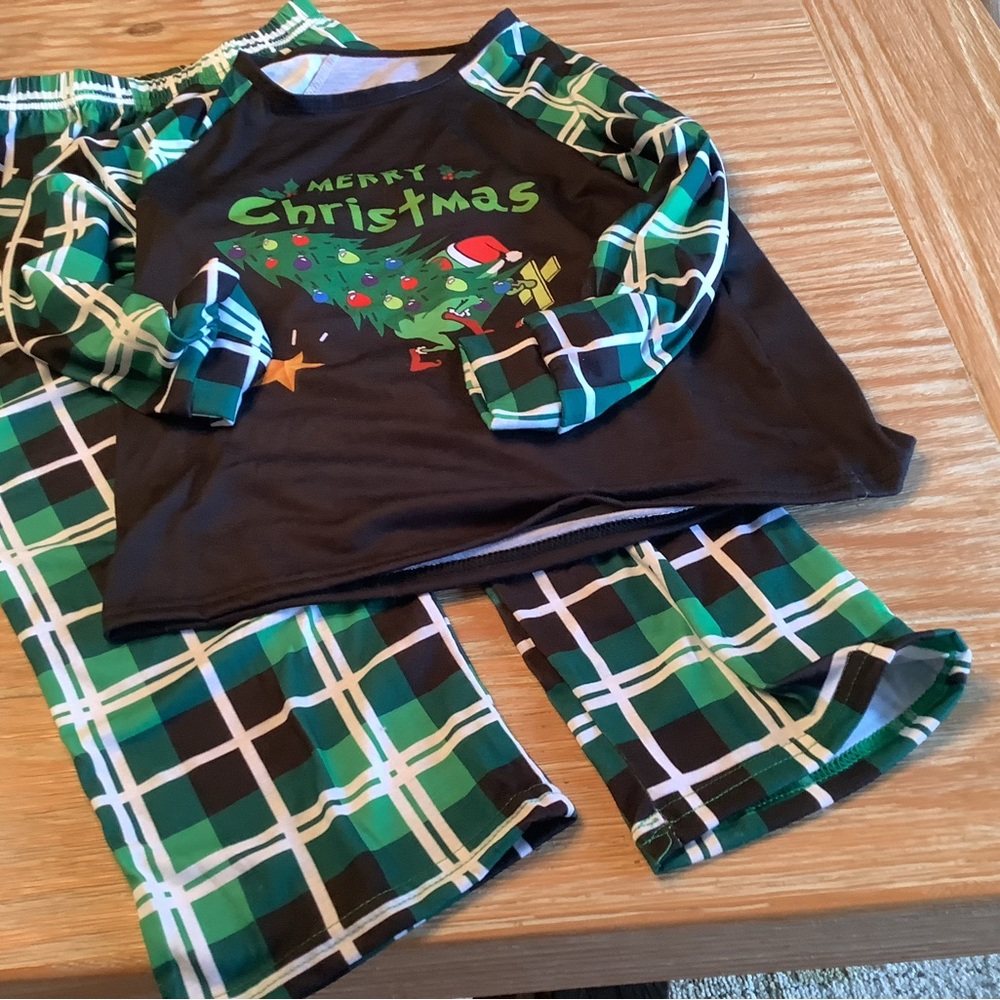 Kids Green Plaid Christmas Pajama Set - Merry Christmas Top and Pants